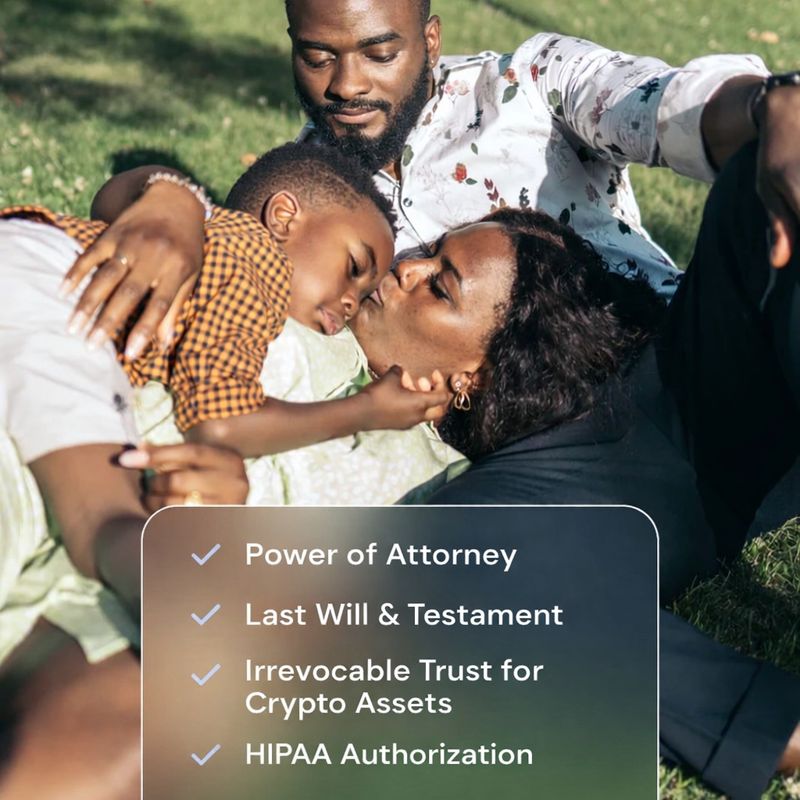 A checklist of items that are included in Trust Will Estate / crypto plans, such as: "Power of Attorney", "Last Will & Testament", "Revocable Living Trust", and "HIPAA Authorization".